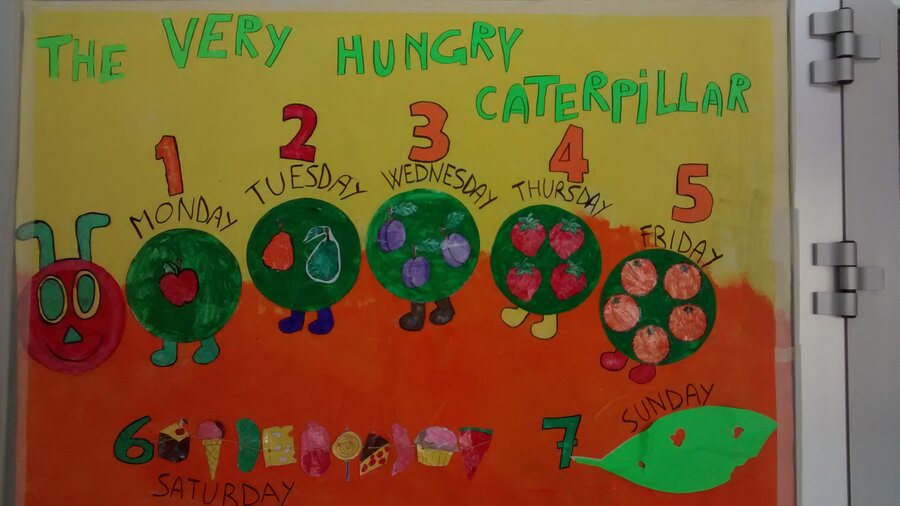 Cartellone con il calendario dei giorni della settimana a tema The Very Hungry Caterpillar