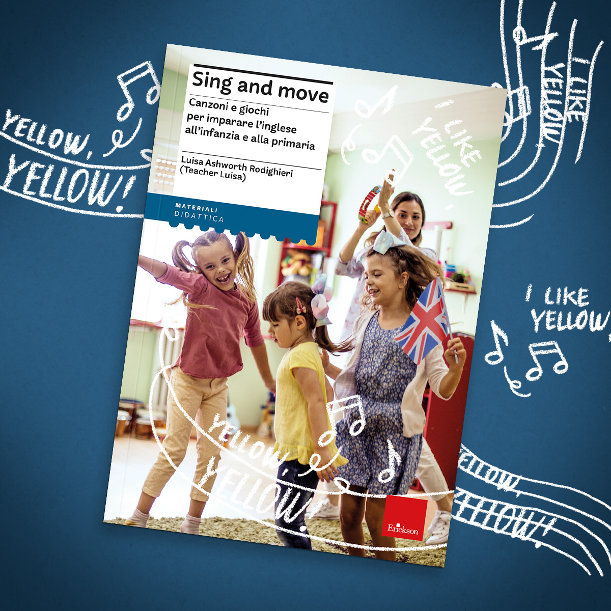 Copertina del libro Sing and Move su sfondo blu con note musicali e bandiera del Regno Unito
