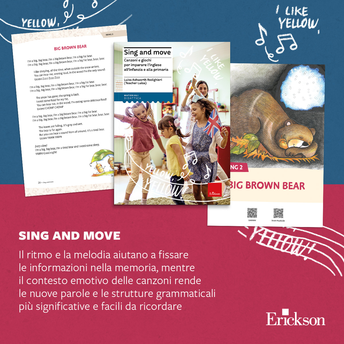 Pagina della canzone Big Brown Bear, copertina del libro Sing and Move e illustrazione dell'orso, su sfondo rosso