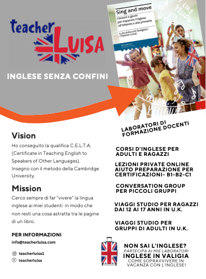 Volantino promozionale di Teacher Luisa con vision, mission e corsi offerti