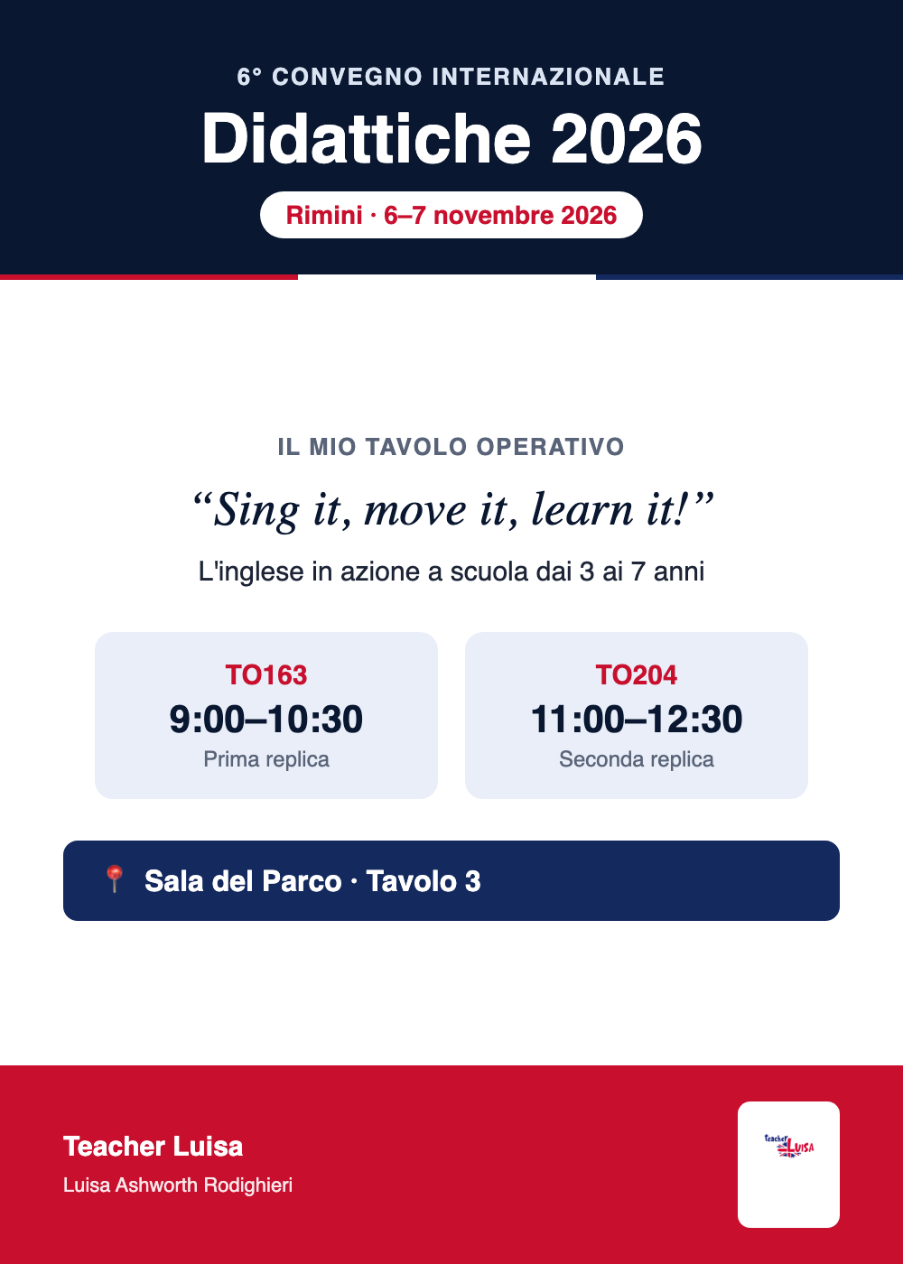 Locandina del tavolo operativo Sing it, move it, learn it! al Convegno Didattiche 2026 di Rimini