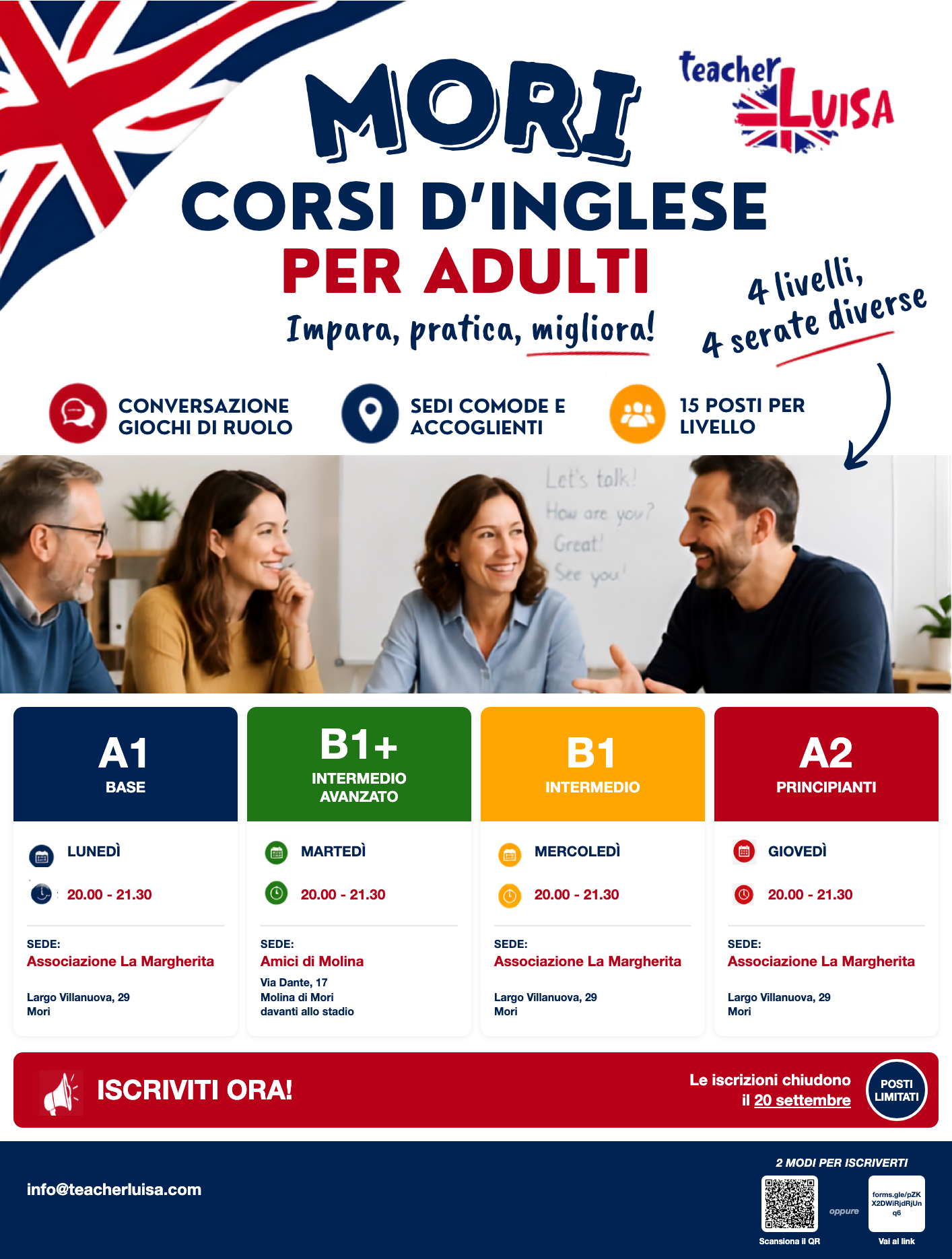 Locandina dei corsi d'inglese serali per adulti a Mori, 4 livelli A1, A2, B1, B1+